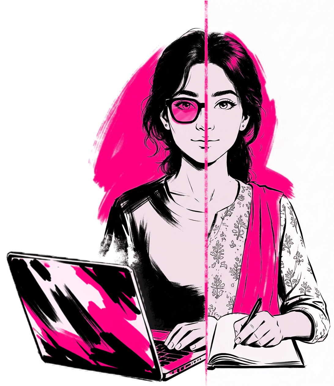Classroom illustration - woman studying with laptop and notebook, pink and black editorial art style