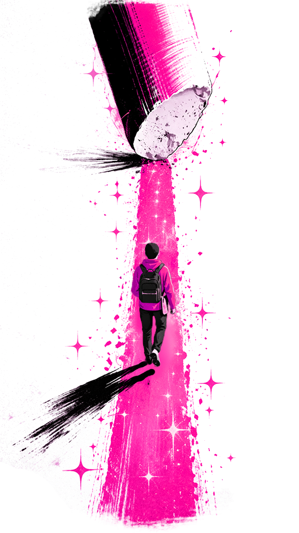 Job placement illustration - figure walking towards bright future with paint splash effects